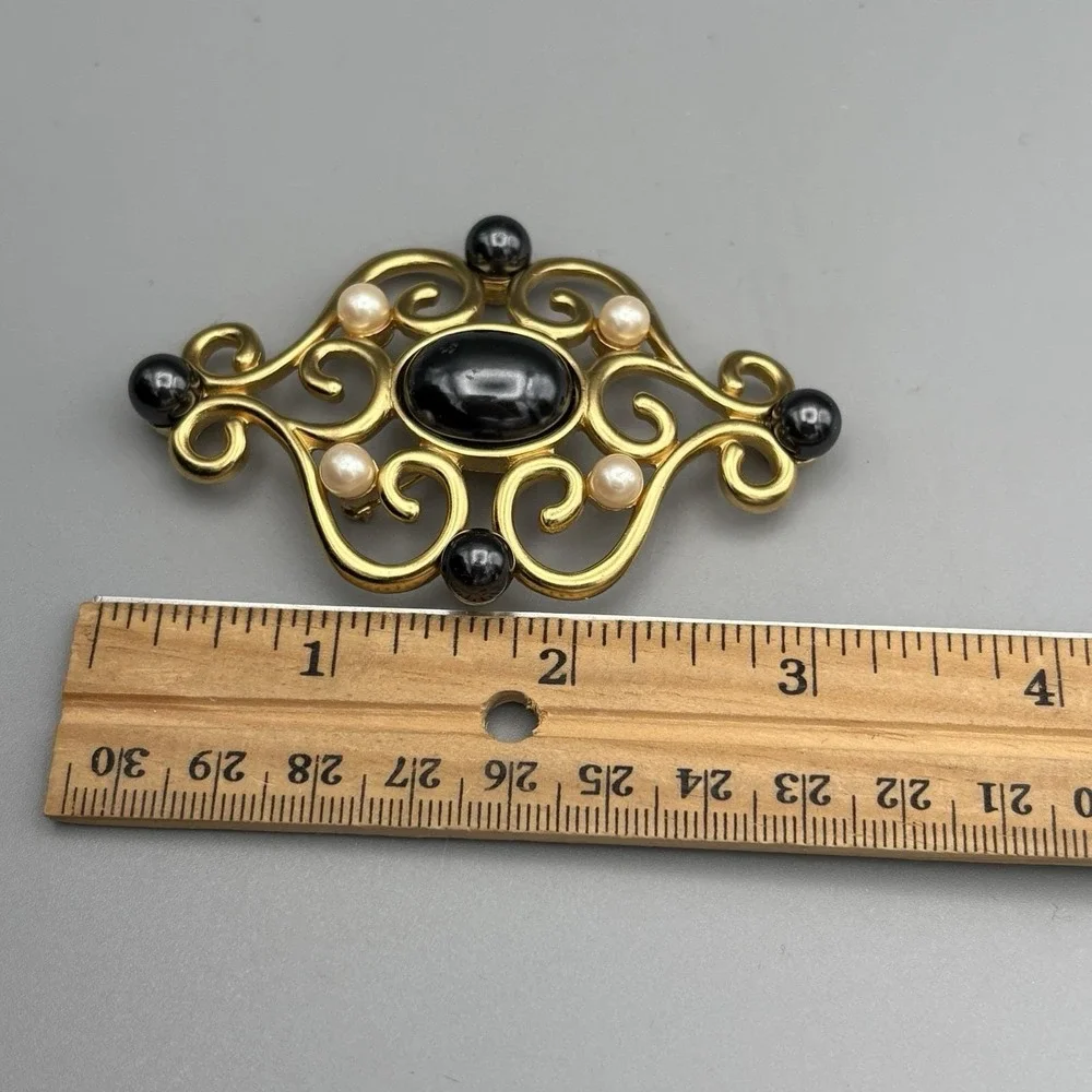 Vintage Monet Pin Brooch Gold Tone Simulated Pearls Scrolls Etruscan Revival